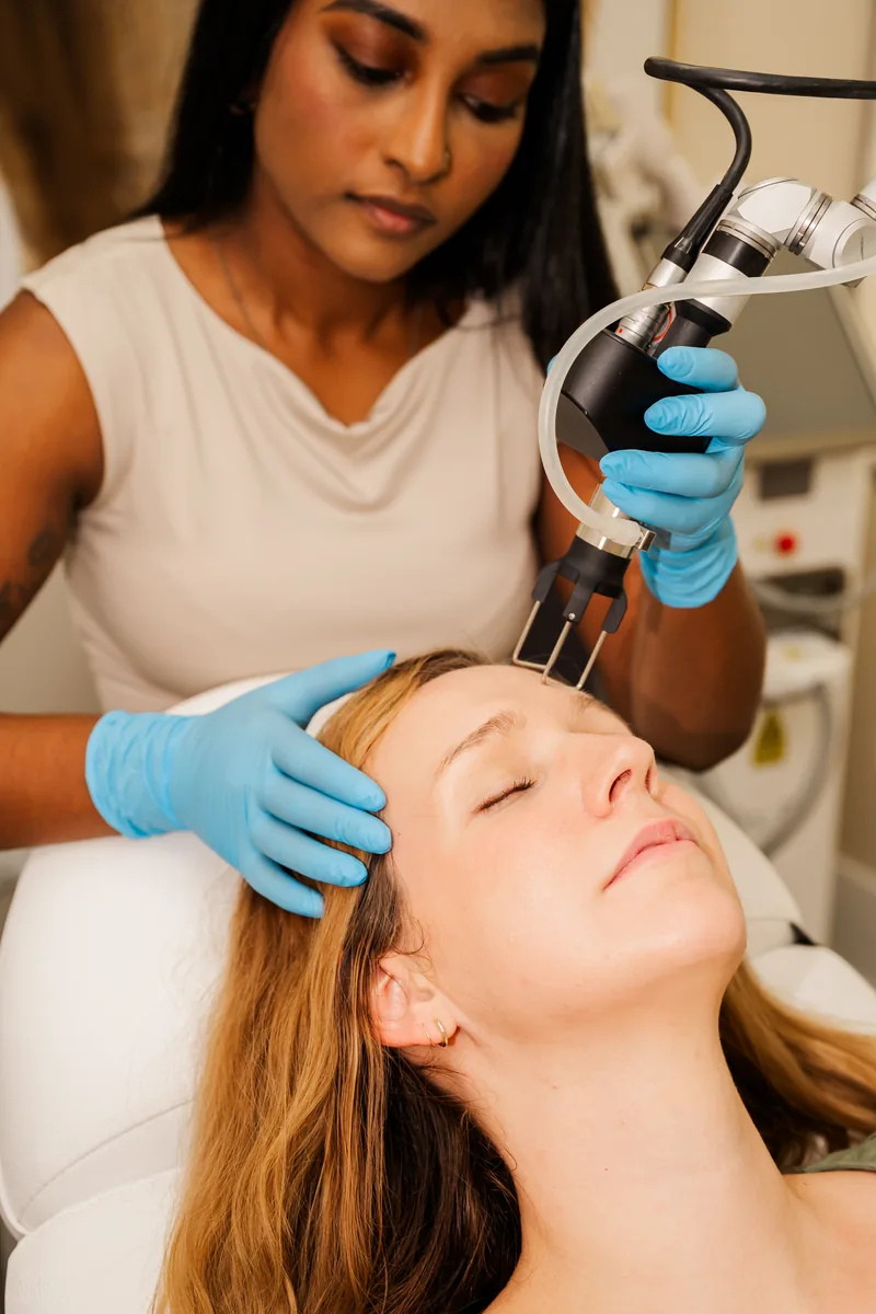 Primer plano de un tratamiento facial con láser en La Miel Aesthetics en North Raleigh, NC